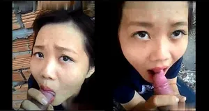 Em gái bú củ khoải ở vườn sau nhà